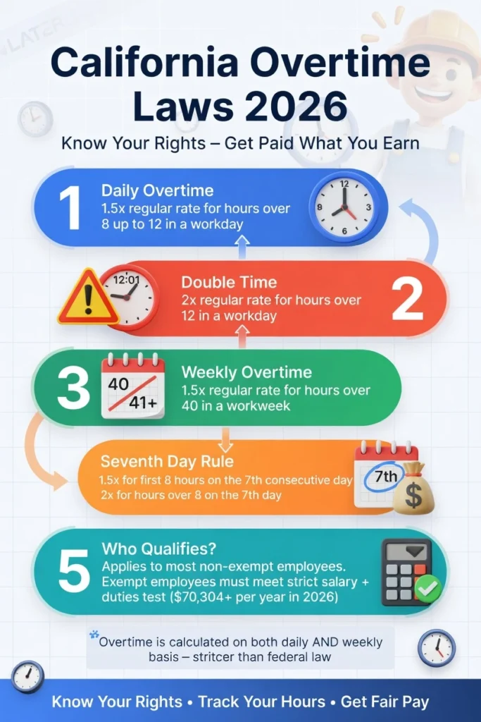Alt Text: California Overtime Laws 2026 infographic showing Daily Overtime (1.5x over 8 hours), Double Time (2x over 12 hours), Weekly Overtime (1.5x over 40 hours), Seventh Day Rule, and who qualifies for overtime in California.