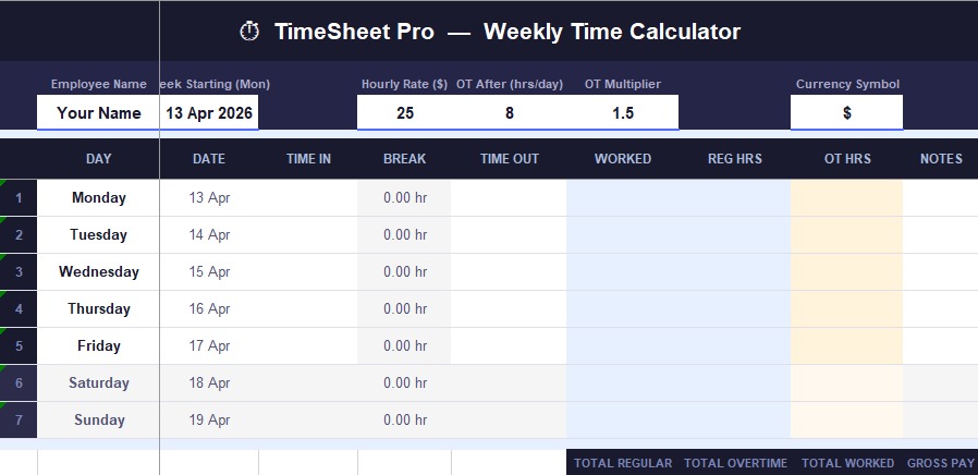 TimeSheet Pro - Weekly Time Calculator interface with columns for Date, Time In, Break, Time Out, Worked Hours, Regular Hours, OT Hours and Notes for the week starting 13 April 2026
