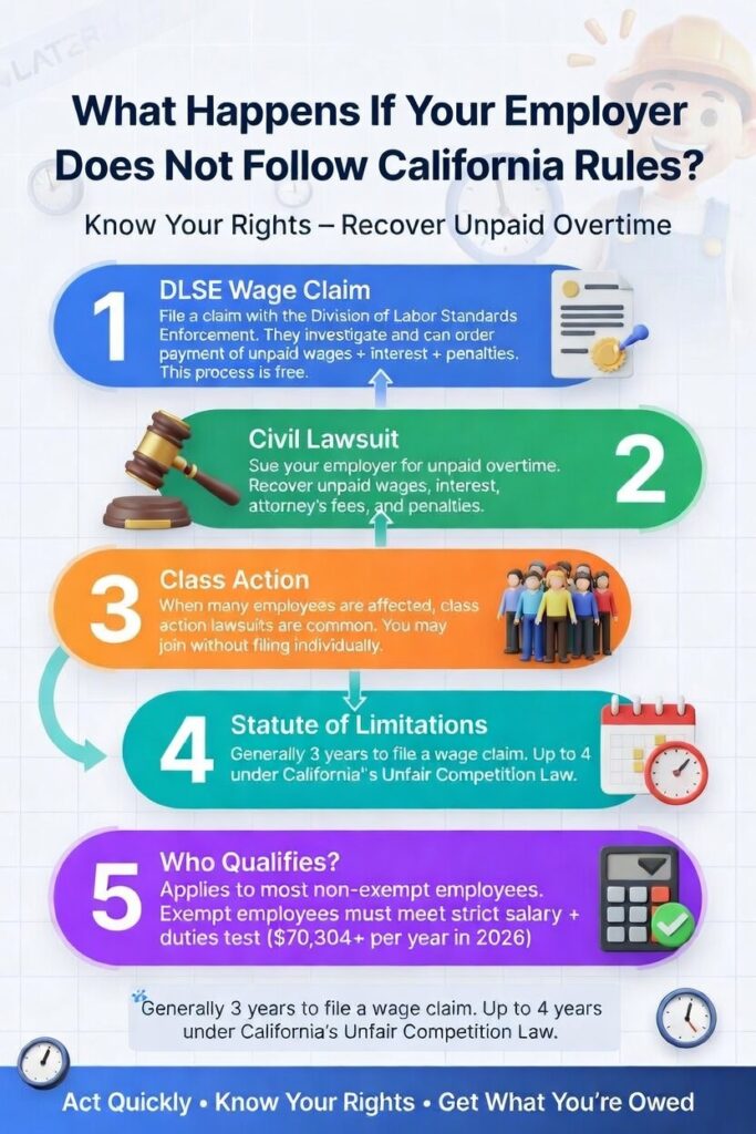 Alt Text: California Wage Claim Process Infographic - DLSE Claim, Lawsuit, Class Action and Statute of Limitations explained.