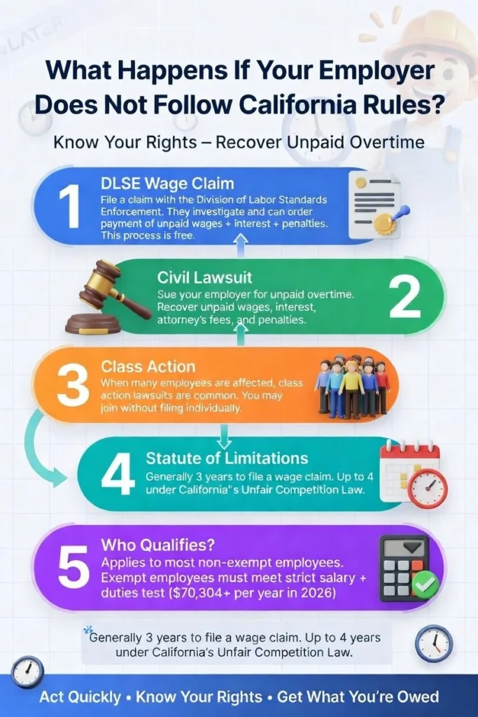 Alt Text: California Wage Claim Process Infographic - DLSE Claim, Lawsuit, Class Action and Statute of Limitations explained.