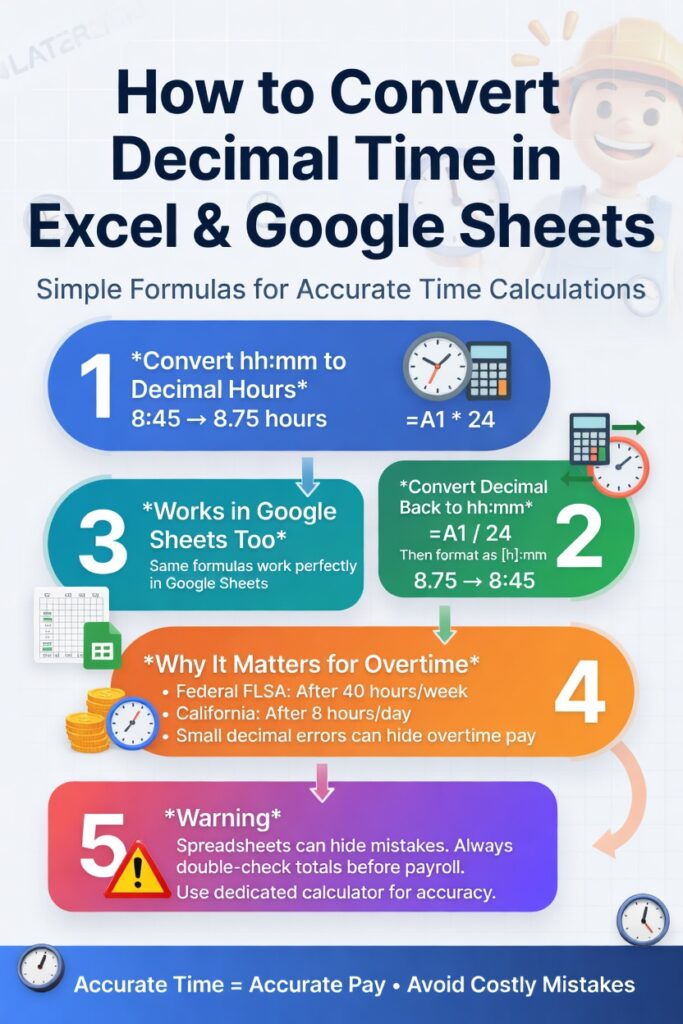 How to Convert Decimal Time in Excel and Google Sheets infographic showing formulas, examples, and overtime calculation tips.