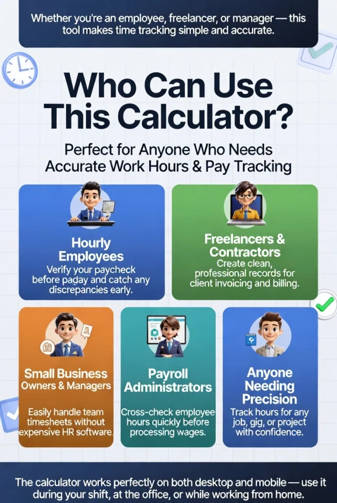 Who can use the free time card calculator, employees, freelancers, and managers