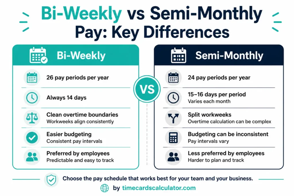 bi-weekly vs semi-monthly pay period comparison 26 vs 24 pay periods overtime boundaries infographic