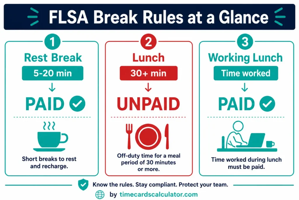 FLSA break rules rest break 5-20 min paid lunch 30 plus min unpaid working lunch paid infographic