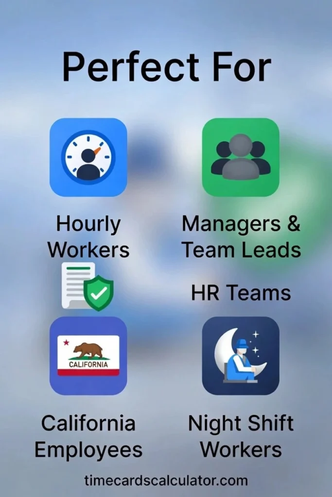Infographic showing free timesheet templates are perfect for hourly workers, managers, HR teams, California employees, and night shift workers at timecardscalculator.com