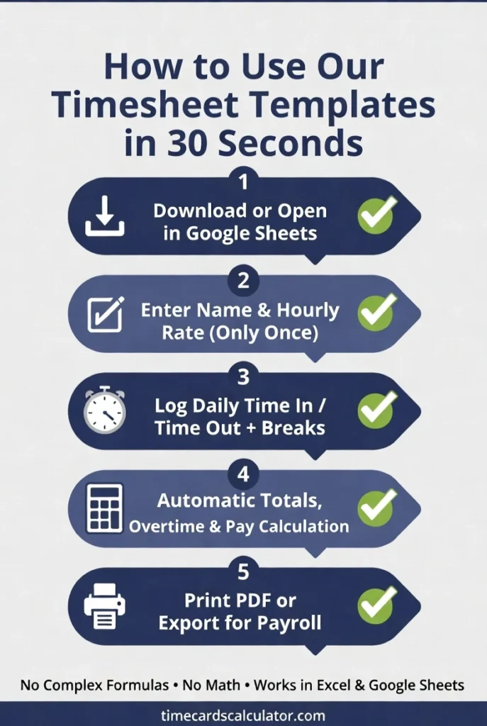 Infographic showing 5 steps to use free timesheet templates, download, enter hourly rate, log time in and out, get automatic overtime totals, and export for payroll.