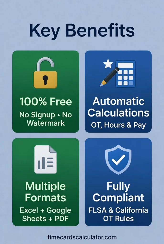 Infographic showing four key benefits of free timesheet templates, 100% free, automatic OT calculations, multiple formats, and FLSA California compliance.
