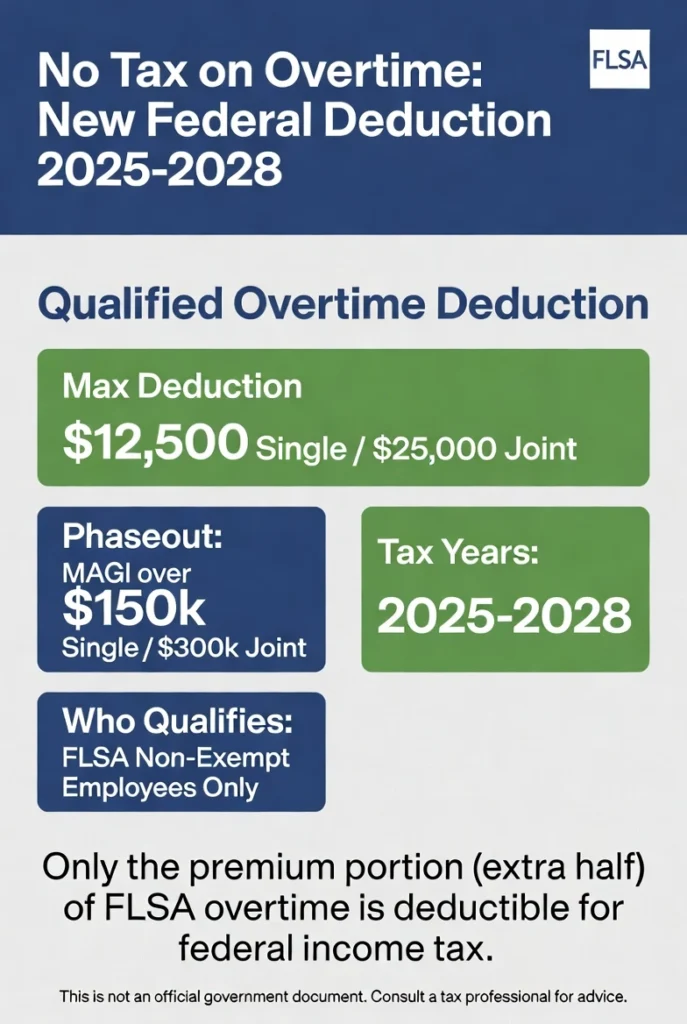 Infographic explaining the no tax on overtime federal deduction for FLSA non-exempt US workers from 2025 to 2028