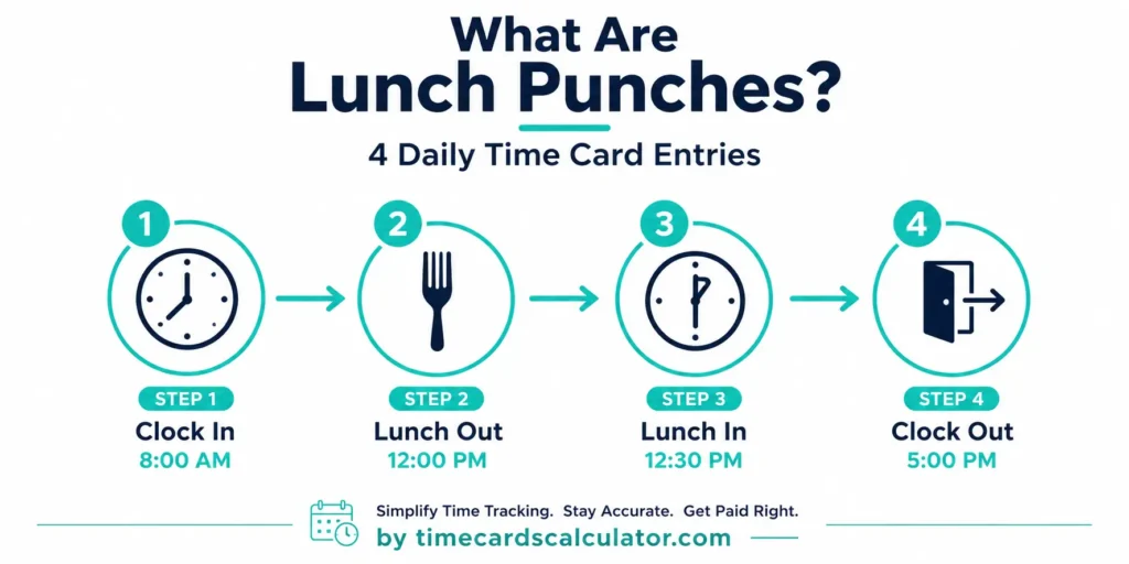 lunch punches time card 4 steps clock in 8am lunch out 12pm lunch in 12:30pm clock out 5pm infographic