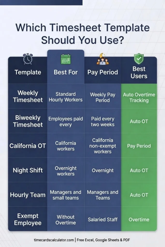 Image of a comparison table showing which free timesheet template to use based on worker type, pay period, and overtime tracking needs