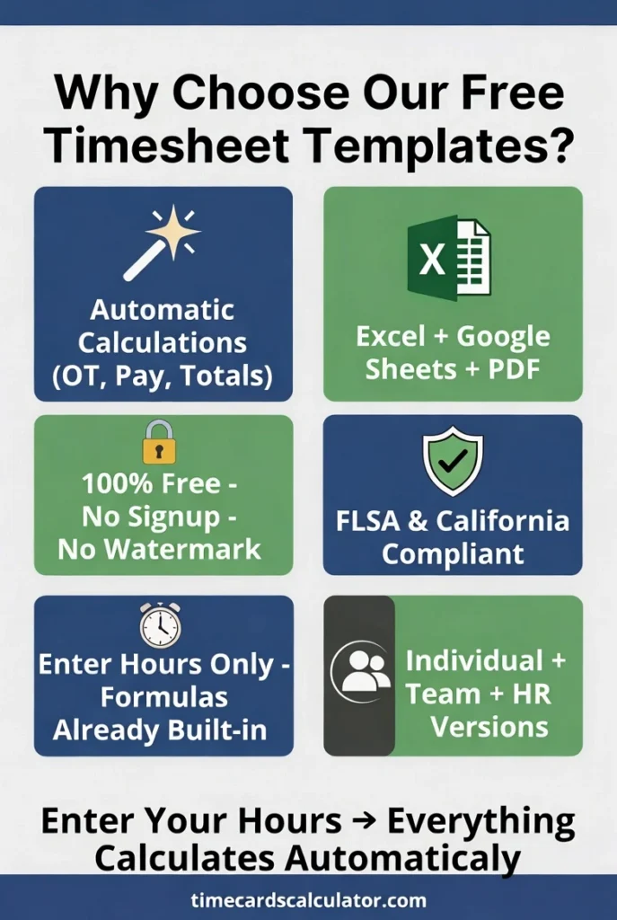 Image showing reasons to use free timesheet templates from timecardscalculator.com including no signup and automatic overtime calculation