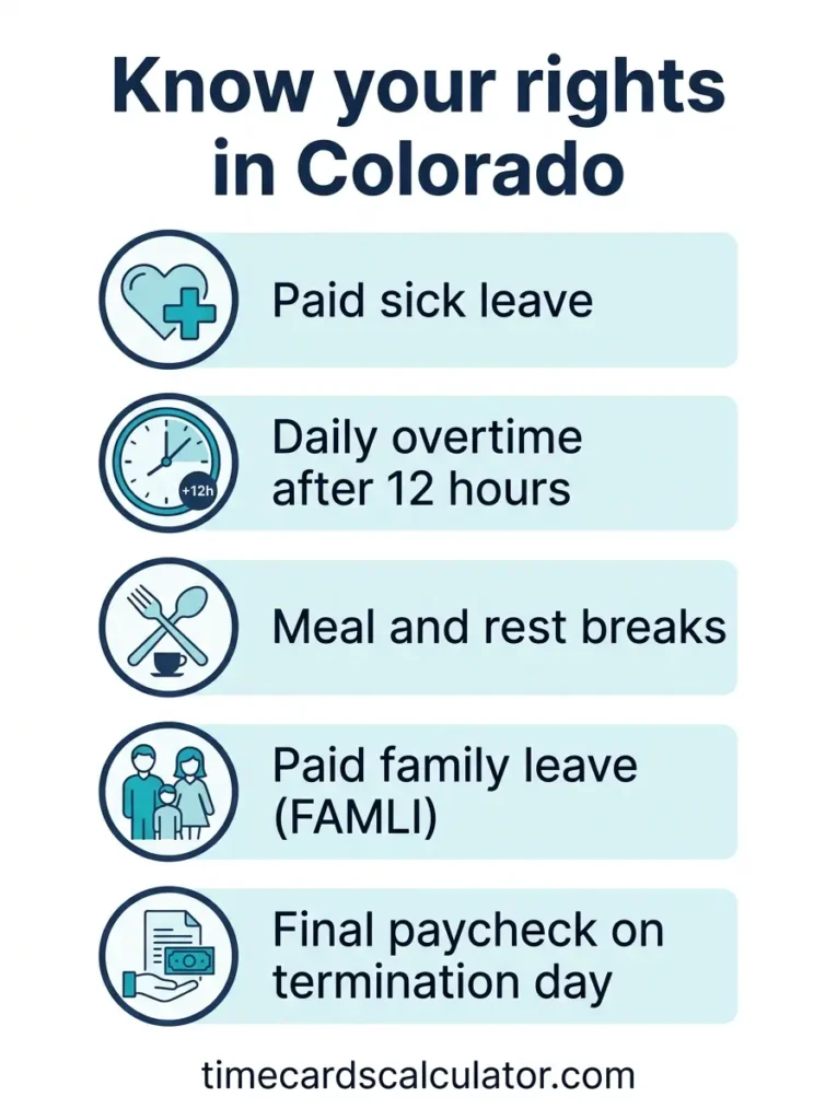 Flat design infographic titled "Know your rights in Colorado" featuring a vertical list of 5 teal and cyan icon-based labor rights rows on a clean white background.