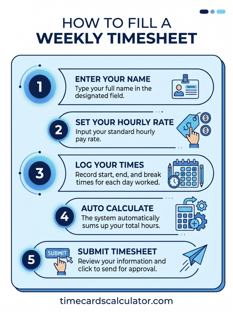 Step-by-step infographic showing how to fill out a weekly timesheet template in 5 steps