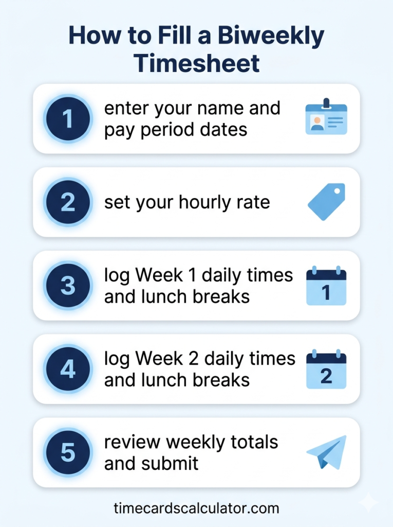 Infographic displaying a Free Biweekly Timesheet Template that covers 14 days (Week 1 and Week 2). It features automatic overtime calculations by week, is available in Excel, Google Sheets, and PDF, and requires no signup at timecardscalculator.com.