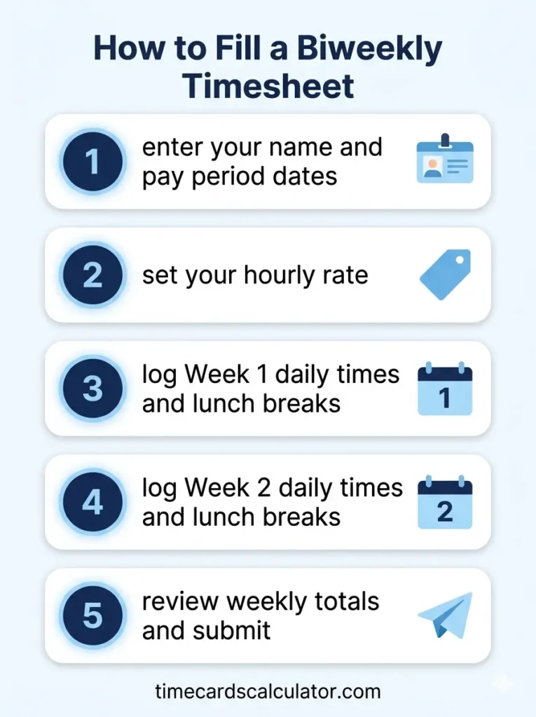 Infographic displaying a Free Biweekly Timesheet Template that covers 14 days (Week 1 and Week 2). It features automatic overtime calculations by week, is available in Excel, Google Sheets, and PDF, and requires no signup at timecardscalculator.com.