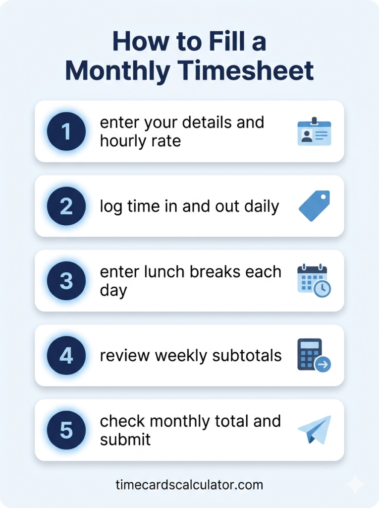 Infographic showing 5 steps to fill a monthly timesheet, including entering details, logging time in/out, recording breaks, reviewing subtotals, and submitting.