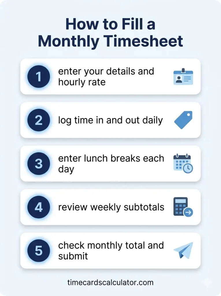 Infographic showing 5 steps to fill a monthly timesheet template, including entering details, logging time in/out, recording breaks, reviewing subtotals, and submitting.