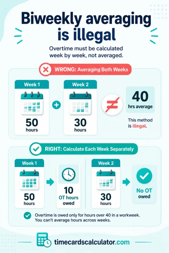 Infographic showing why overtime must be calculated separately for each workweek instead of averaging hours across a biweekly pay period.