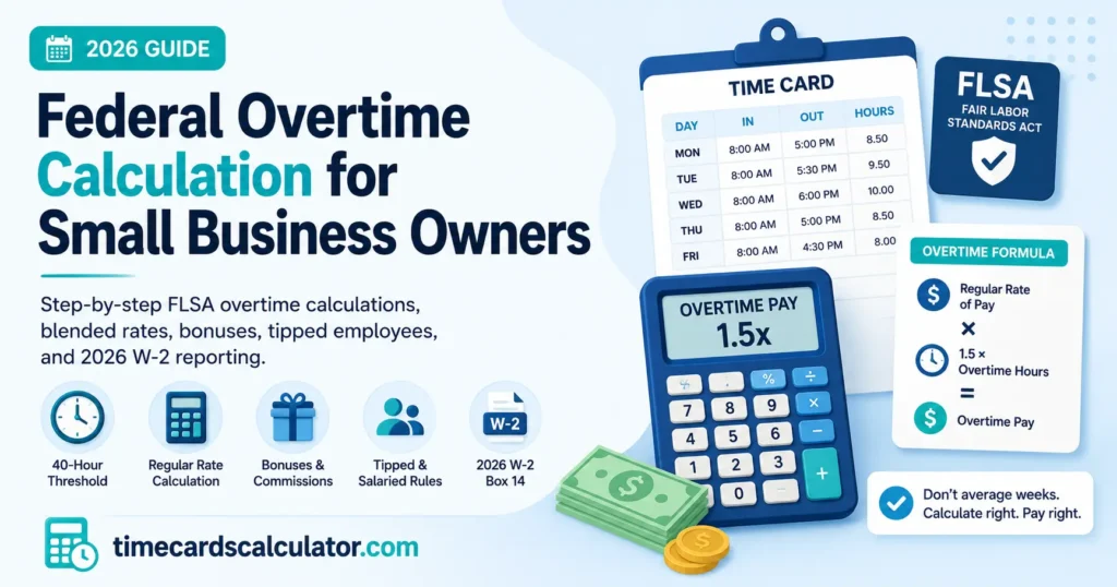 Federal overtime calculation guide for small business owners showing a time card, calculator, FLSA compliance shield, and overtime formula.