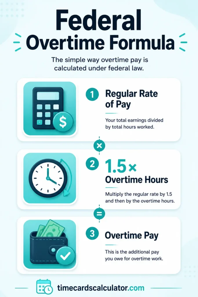 Infographic explaining the federal overtime formula using regular rate of pay, 1.5 times overtime hours, and overtime pay.