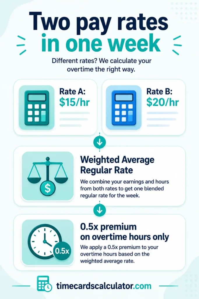 Infographic showing how overtime is calculated when an employee earns two different pay rates in one week using a weighted average regular rate and a 0.5× overtime premium.