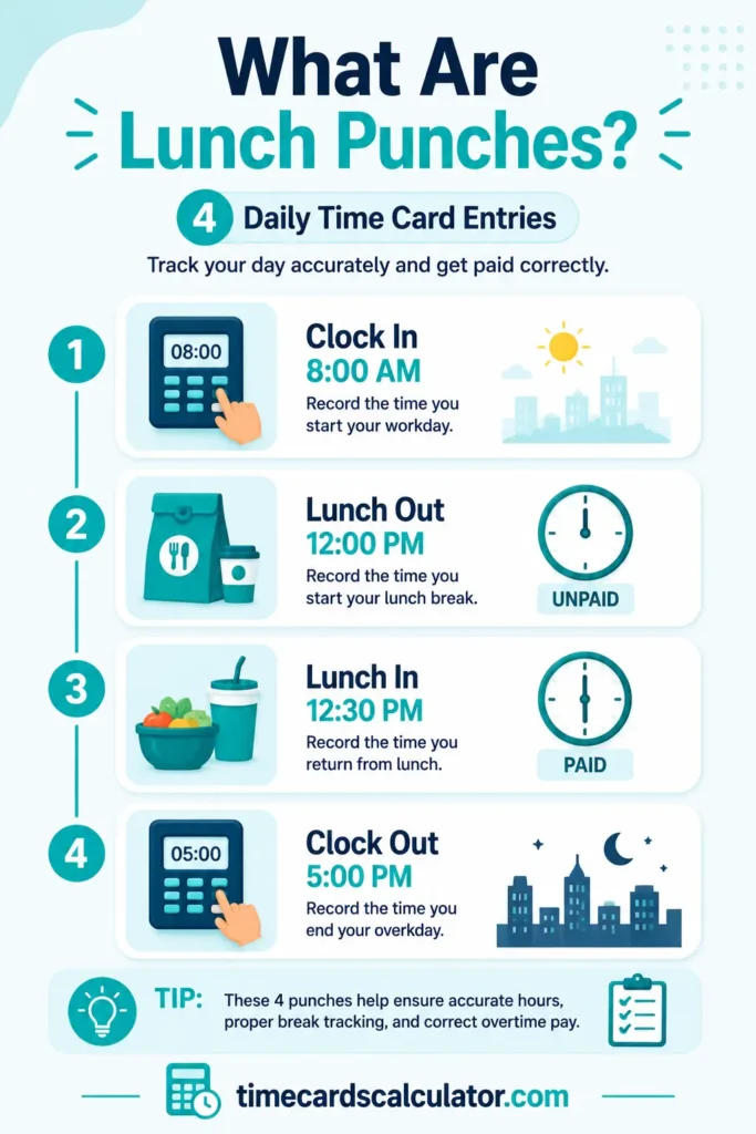 Infographic showing four daily time card entries: clock in, lunch out, lunch in, and clock out.