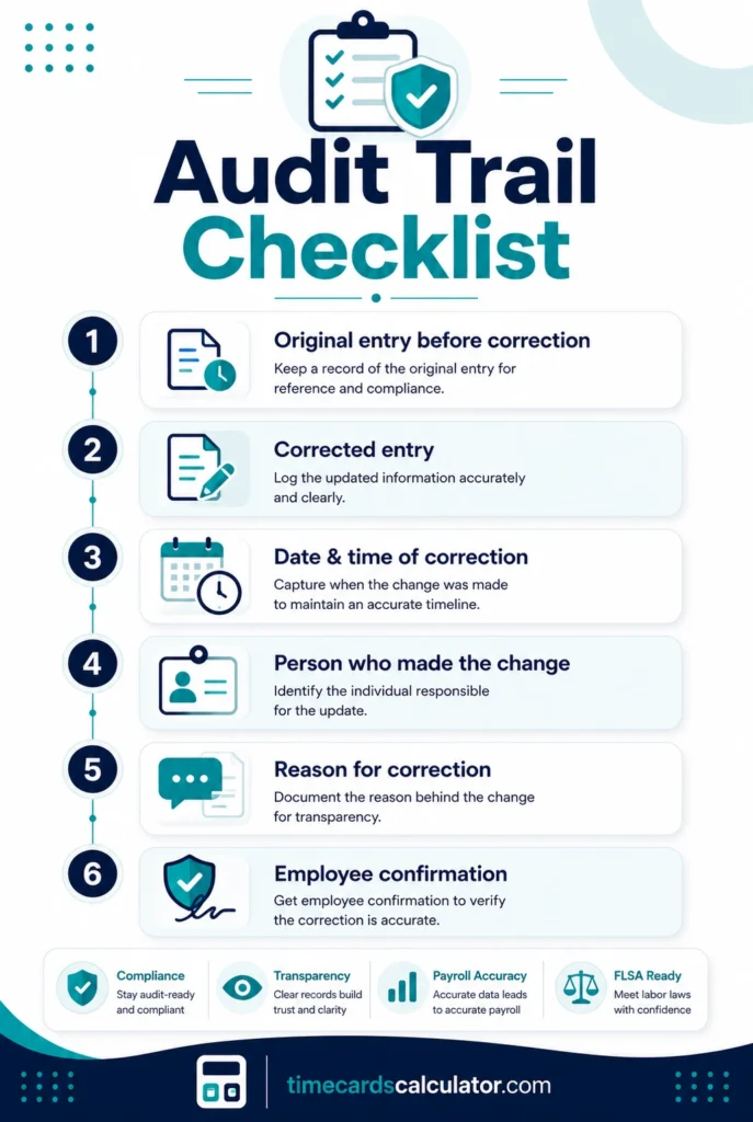 Audit trail checklist infographic showing required records for timecard corrections