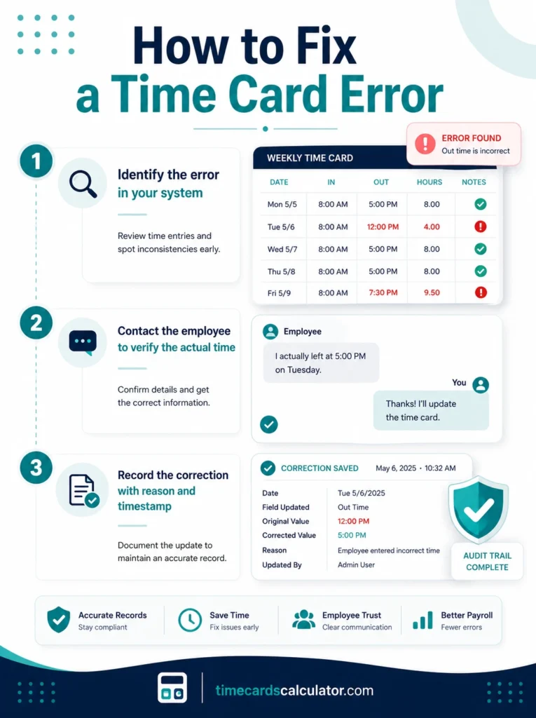 Three-step infographic explaining how to fix a timecard error before payroll processing
